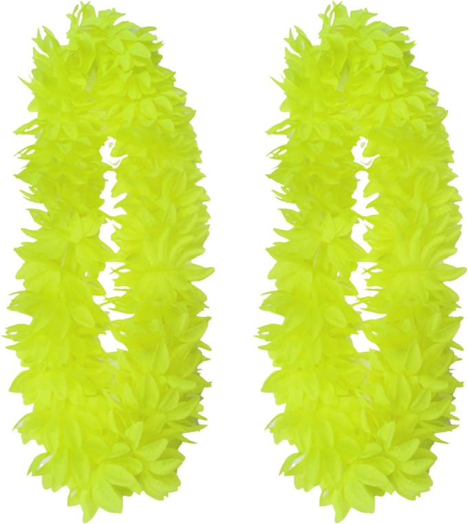 Partyxplosion Hawaii slinger - 2x - neon geel - 1 m - polyester - feestartikelen