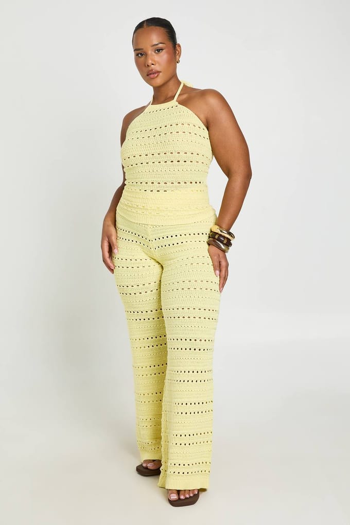 boohoo Dames Plus Gehaakte Haltertop En Wijde Broek Co-ord Set | Boter | Maat: 48