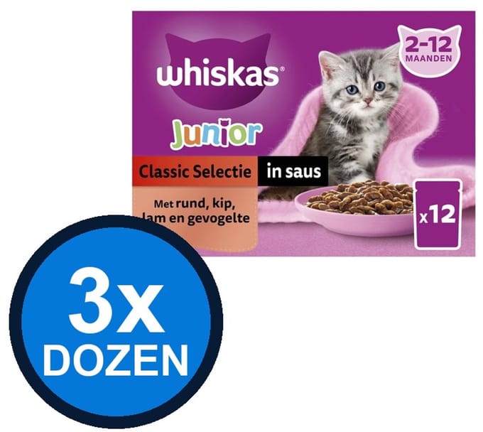 3x Whiskas - 2-12M Junior Classic Selectie in Saus Multipack - Kattenvoer Natvoer - 12x85g