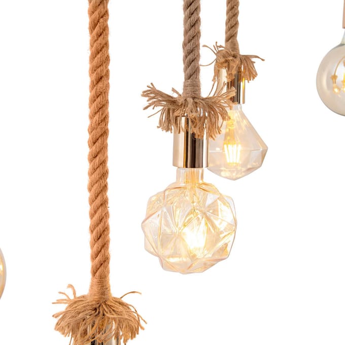 Näve Hanglamp Rope, 5-lamps, van hout en Jute