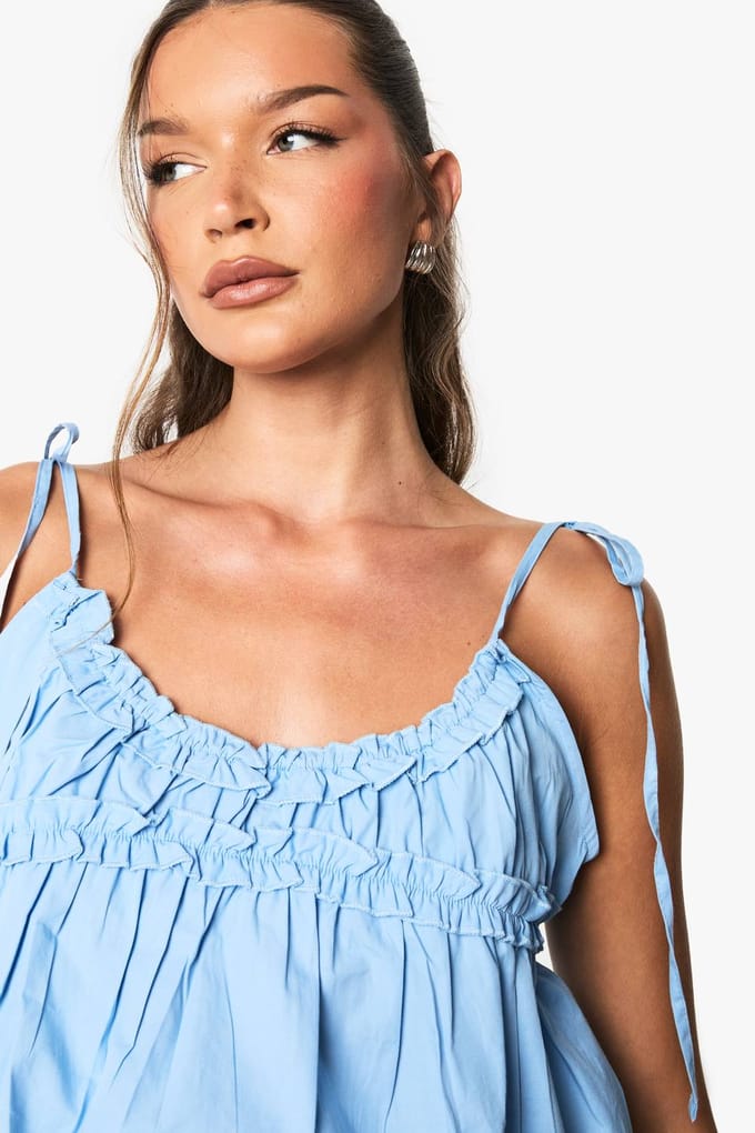 boohoo Dames Cotton Poplin Tie Shoulder Cami Top | Baby Blue | Maat: 12