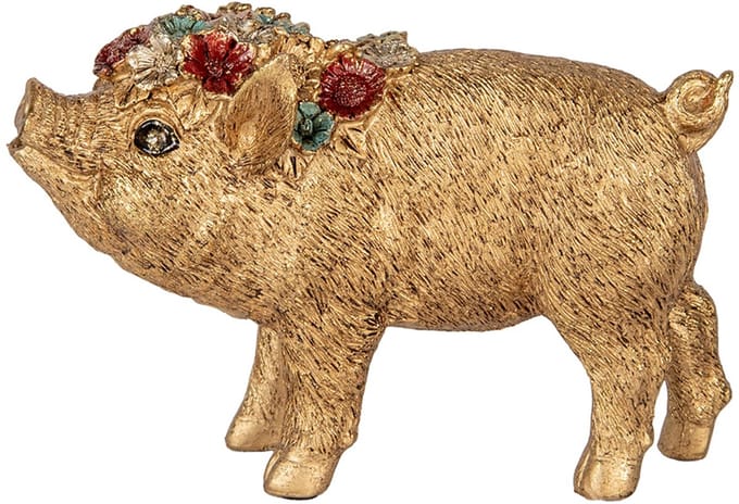 Clayre & Eef Decoratie Beeld Varken 20x7x13 cm Goudkleurig Kunststof