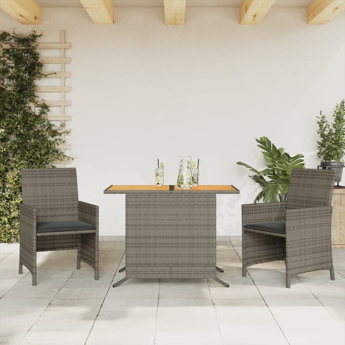 vidaXL - 3-delige - Bistroset - met - kussens - poly - rattan - grijs