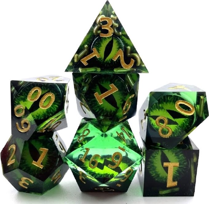 Lapi Toys - Dungeons and Dragons dobbelstenen - DnD Dice - Polydice - Dobbelstenen Dungeons Dragons - D&D dobbelstenen - DnD Dice Set - 1 set (7 stuks) - Met ogen - Sharp Edge - Resin - Transparant en groen
