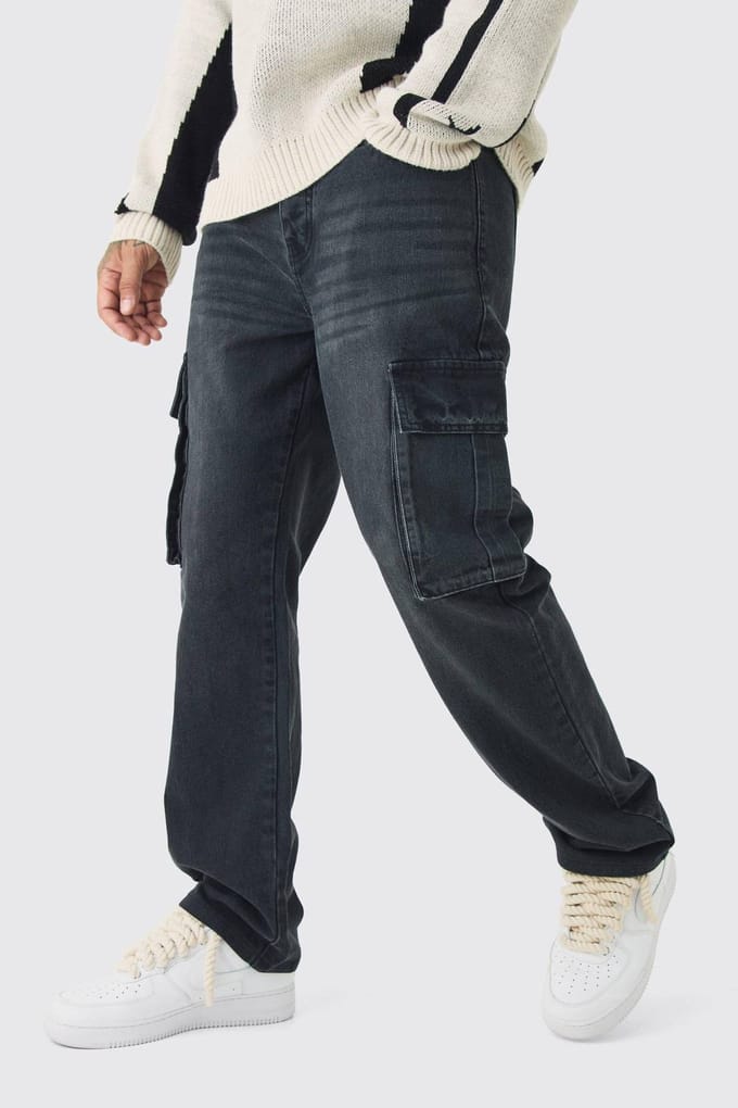Tall Straight Rigid Cargo Jeans | Washed Black | Size 52