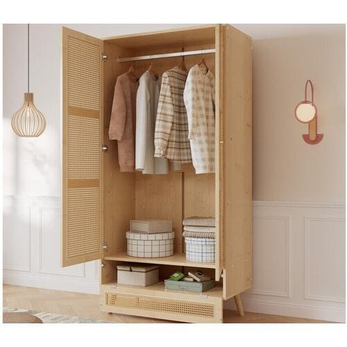 ModernLuxe Kledingkast met roede - 2 rotan gaasdeuren en 1 klepvak - Naturel