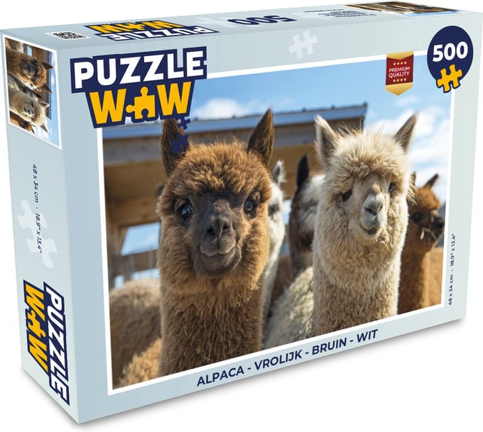 Puzzel Alpaca - Vrolijk - Bruin - Wit - Legpuzzel - Puzzel 500 stukjes