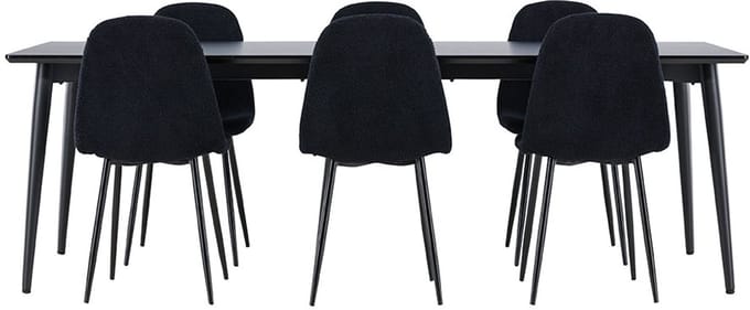 Ellis eethoek tafel 85x230cm en 6 teddy stoelen zwart.
