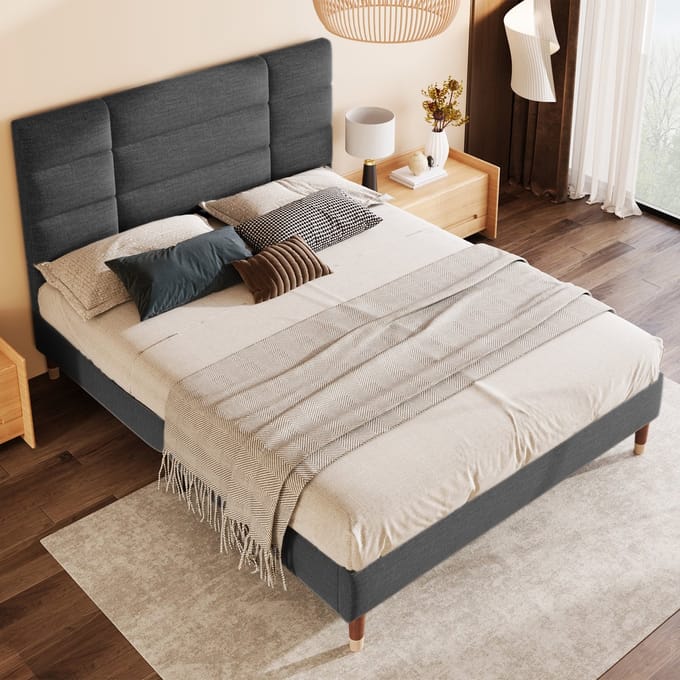 MODFU - Bedframe – 140x200 cm – Gestoffeerd – Met matras – Grijs linnen