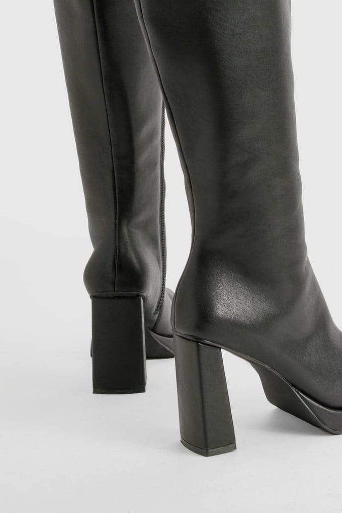 boohoo Dames Blockhakken Platform Kniehoge Laarzen | Black | Maat: 7