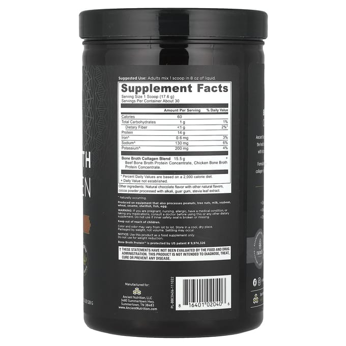 Ancient Nutrition, Bouillon d'os au collagène, Chocolat, 1,2 lb (528 g)