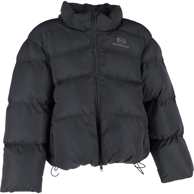 Balenciaga Logo Zip-Up Cropped Down Jacket in Black Polyester