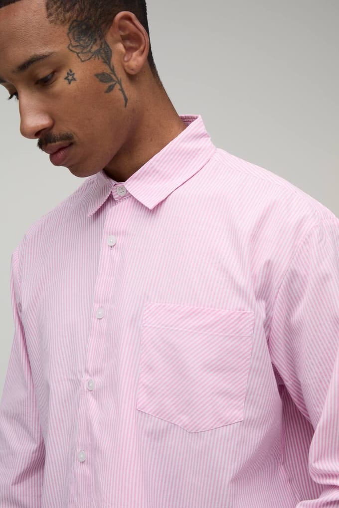 Oversized Boxy Shirt Met Asymmetrische Knoopsluiting En Streeppatroon | Pink | Size Medium