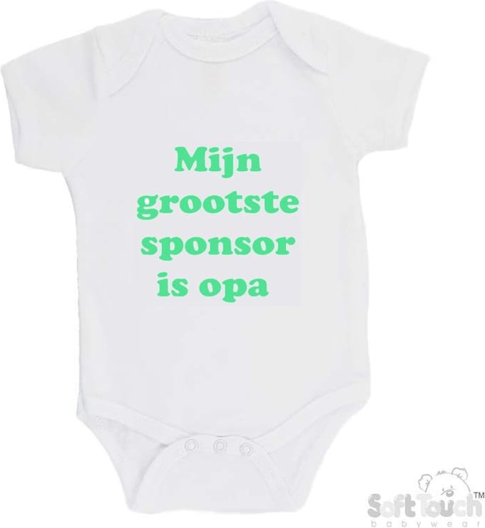 100% katoenen Romper "Mijn grootste sponsor is opa" Unisex Katoen Wit/mint Maat 62/68