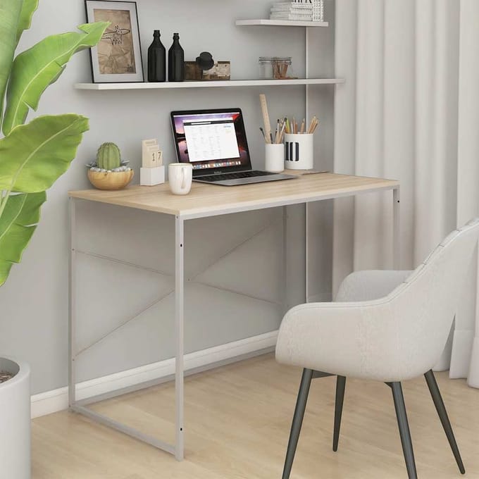 vidaXL - Computerbureau - 110x60x70 - cm - bewerkt - hout - wit - en - eikenkleurig