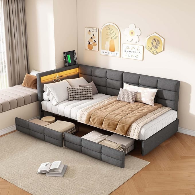 Multifunctioneel Gestoffeerd Eenpersoonsbed 90x200 cm met LED Verlichting en USB-C Oplaadpunt