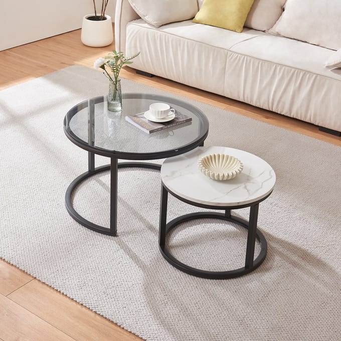 Salontafel set van 2 Kokkola rookglas marmer wit en zwart [en.casa]