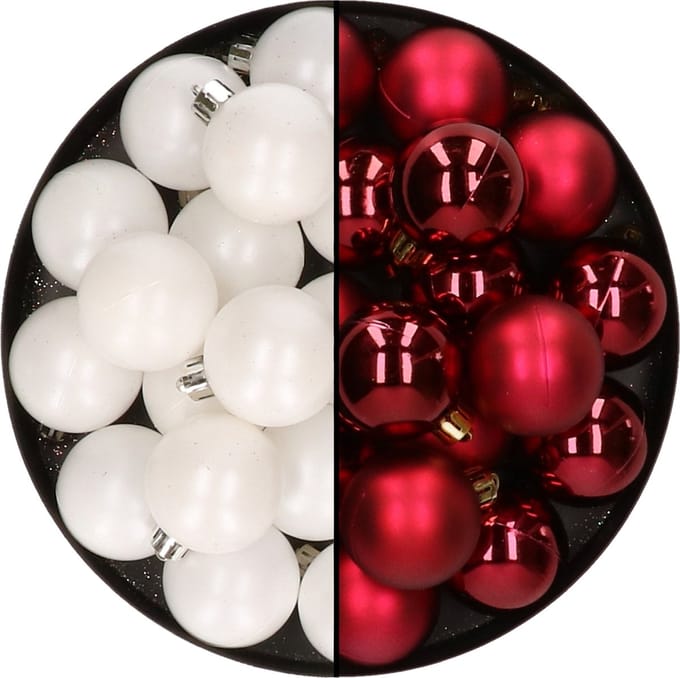 32x stuks kunststof kerstballen mix van wit en donkerrood 4 cm - Kerstversiering