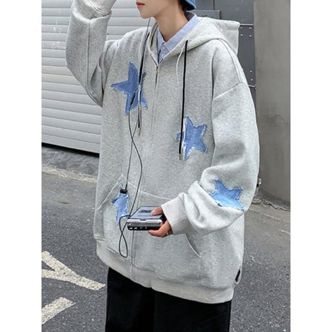 Dames Star Patch Zip Up Hoodie voor dames Oversized Y2k Sweatshirt Jack E-Girl 90s Pullover Streetwear M gray