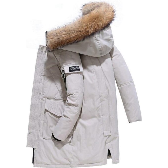 -30 graden winter donsjack heren wit eendendonsjack mode capuchon bontkraag jas halflange dikke warme dons parka L gray