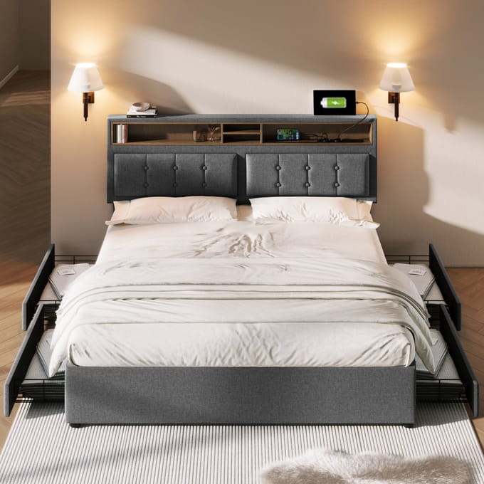 Gestoffeerd Bed - 140x200 cm - Tweepersoonsbed met 4 Laden - USB-C & Verstelbaar Hoofdbord
