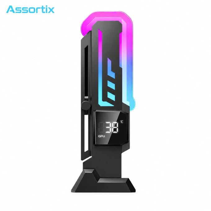 Assortix® GPU Holder Z-X7 Pro – Verstelbare Grafische Kaart Steun – GPU Support Bracket – ARGB Verlichting – GPU & CPU Temperatuurdisplay – Anti-Sag – Zwart