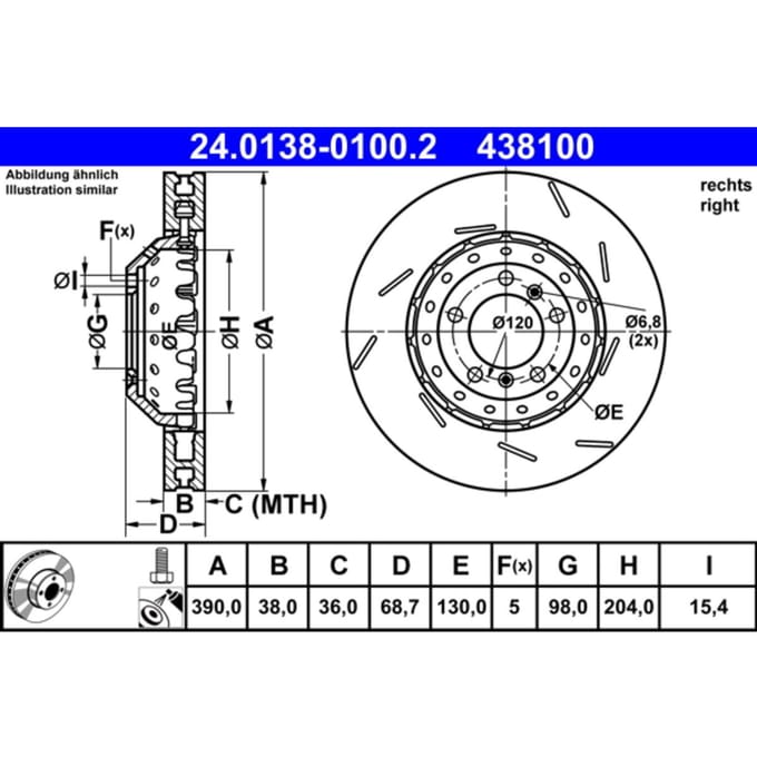 Remschijf ATE 24.0138-0100.2 voorkant, sleuf, sterk gecarboniseerd, 1 Stuk