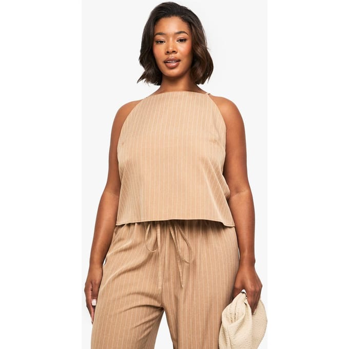 boohoo Dames PLUS GESTREEPTE CAMI TOP | Camel | Maat: 44