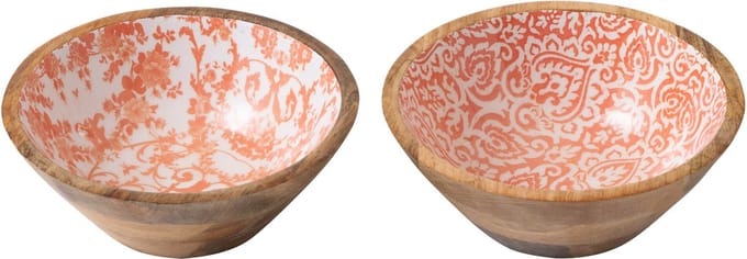 J-Line schaal - hout - wit/oranje - small - set van 2