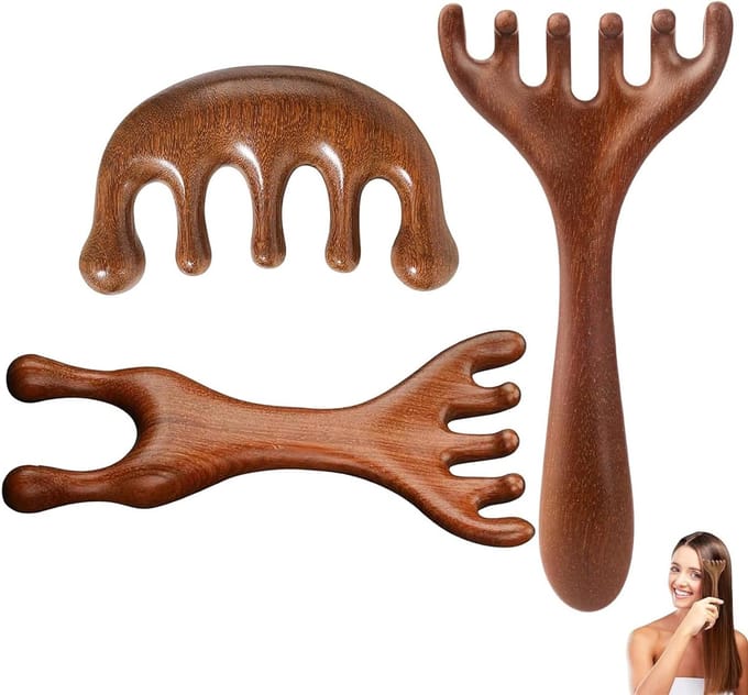 Houten Massagekam Set van 3 Stukken voor Hoofdmassage, Natuurlijke Ontspanning en Vermoeidheidsverlichting