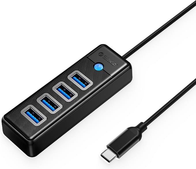 Orico USB 3.0 Type-C Hub met 4x USB-A - Ultra slim design - Zwart - 15cm kabel