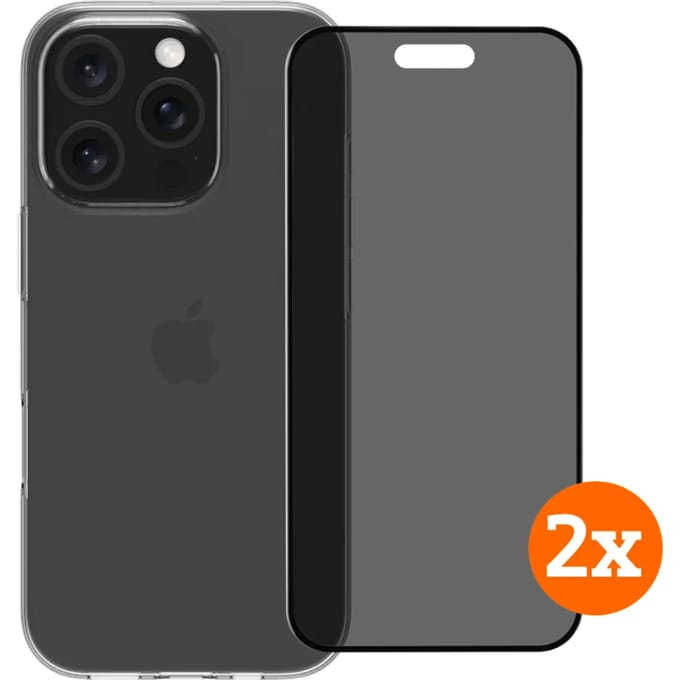 BlueBuilt Back Cover iPhone 16 Pro Transparant + Privacy Screenprotector Glas Duo Pack