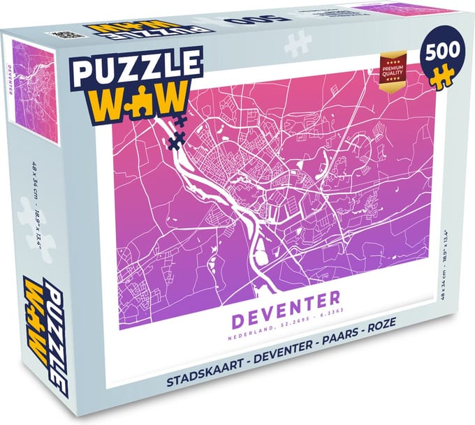 Puzzel Stadskaart - Deventer - Paars - Roze - Legpuzzel - Puzzel 500 stukjes - Plattegrond