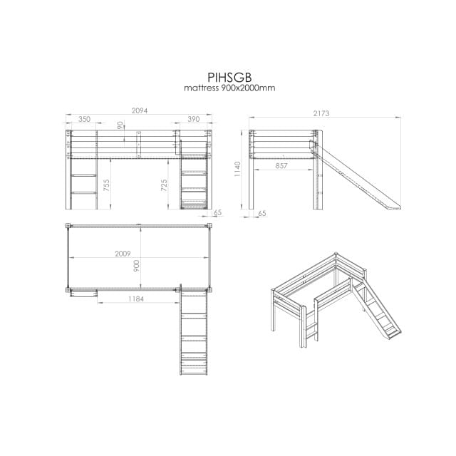 LUCEVI - Pino Halfhoogslaper met Glijbaan 90x200cm - Grijs - H115CM