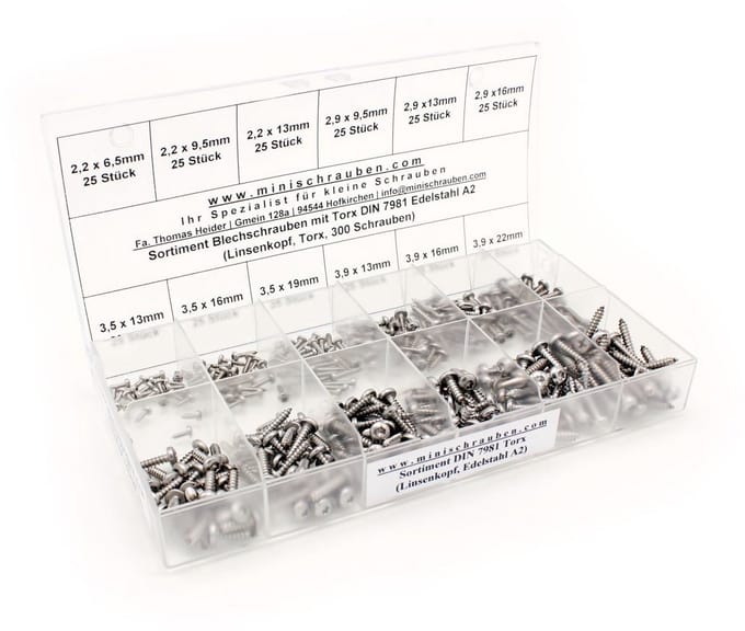 Assortimentsdoos met 300 RVS Plaatschroeven DIN 7981-TX Lenskop TX A2