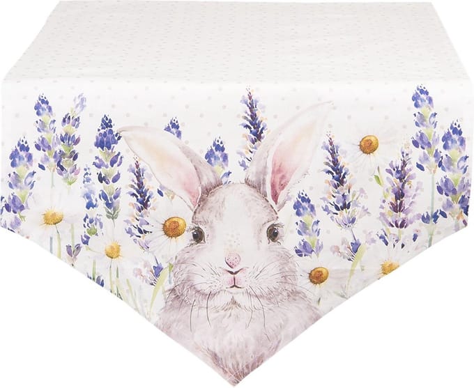 Clayre & Eef Tafelloper 50x160 cm Wit Roze Katoen Lavendel Konijn Tafelkleed