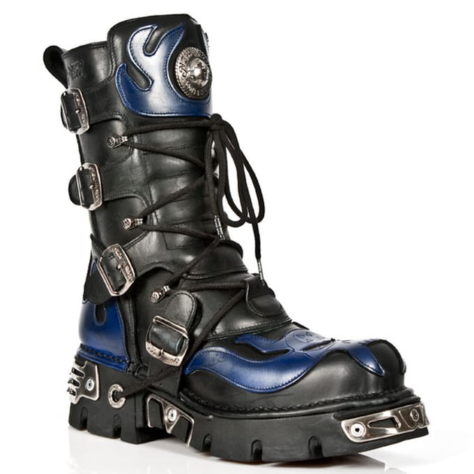 New Rock Unisex Zwart/Blauw Leer Gothic Biker Skull Boots-107-C5