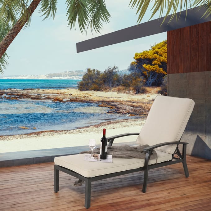 Ligbed - Verstelbaar - Chaise Lounge met Katoenen Kussen - Aluminium - Beige