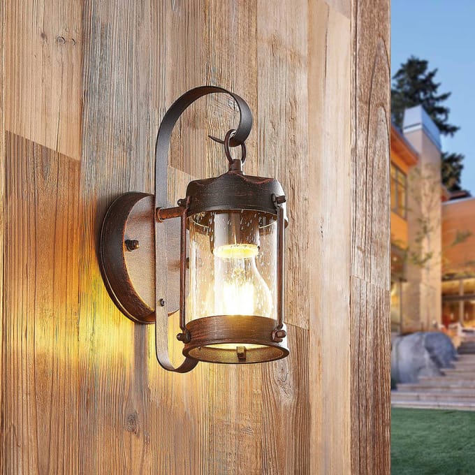 Lindby - Wandlamp buiten - 1licht - Aluminium, geblazen glas - H: 26 cm - E27 - roestbruin, helder