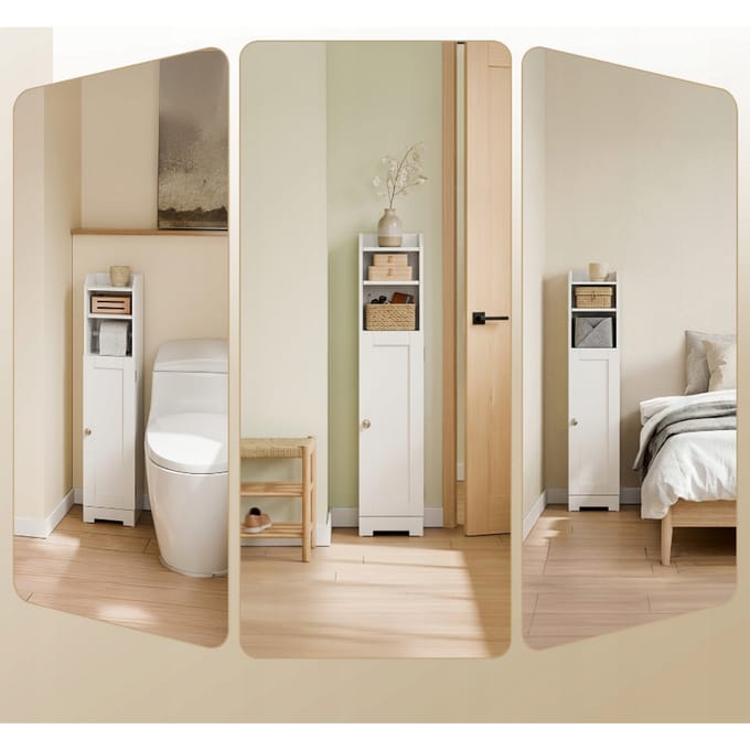 SoBuy Witte Toiletrolhouder Met Kastje – 20 x 18 x 95 cm – Smalle Badkamerkast Van MDF
