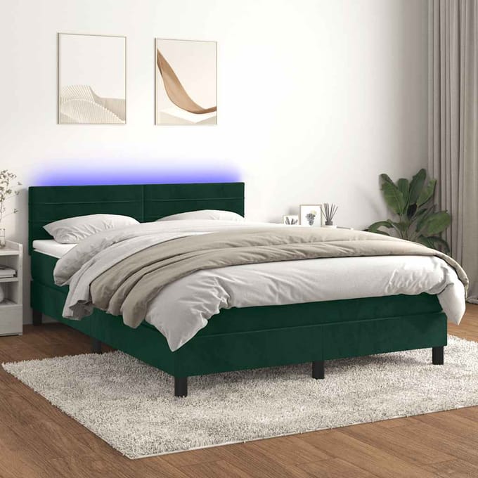 vidaXL - Boxspring - met - matras - en - LED - fluweel - donkergroen - 140x190 - cm