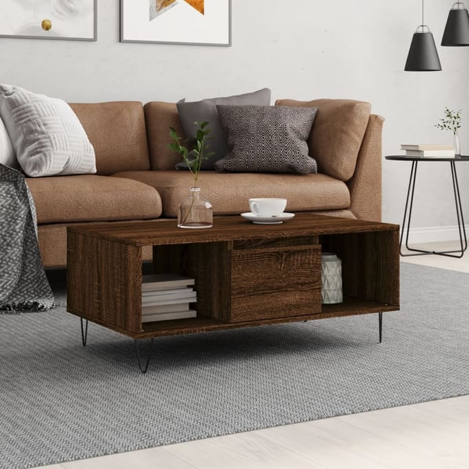 vidaXL - Salontafel - 90x50x36,5 - cm - bewerkt - hout - bruin - eikenkleur