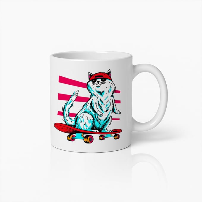 Coole Skateboardende Kat Witte Mok 330ml – Grappige Retro Stijl Kattenliefhebber Beker
