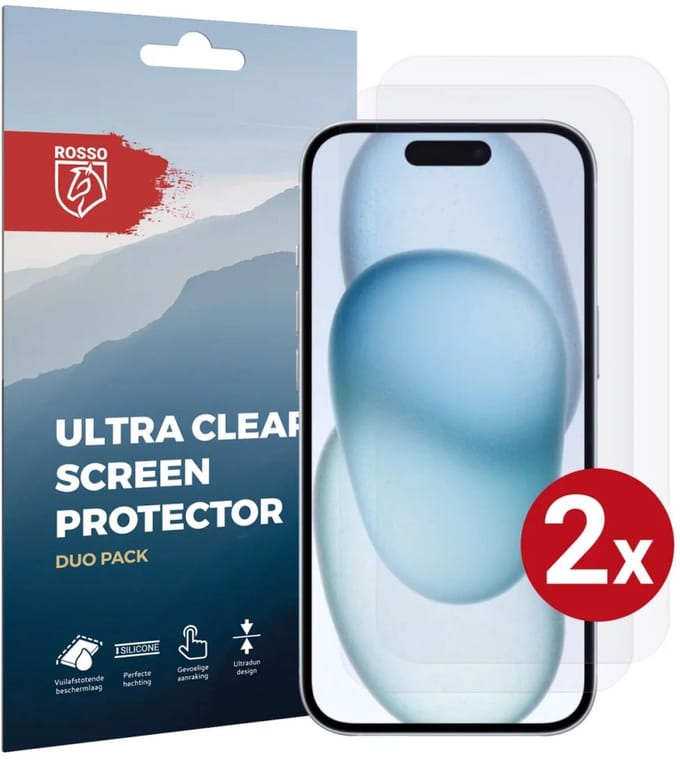 Rosso Screen Protector Ultra Clear Duo Pack Geschikt voor Apple iPhone 15 Plus | TPU Folie | Case Friendly | 2 Stuks