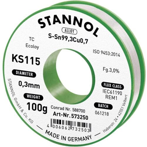 Stannol KS115 Soldeertin, loodvrij Spoel Sn99,3Cu0,7 ROM1 100 g 0.3 mm