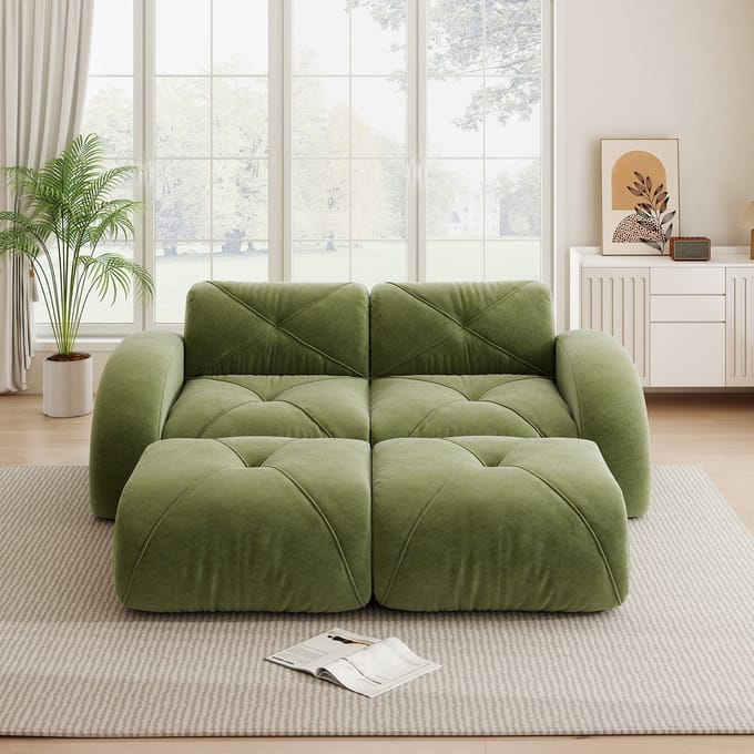 MODFU Modulaire 2-Zitsbank - Frameloos - Met 2 Poefs - Voor Woonkamer - Chenille - Groen
