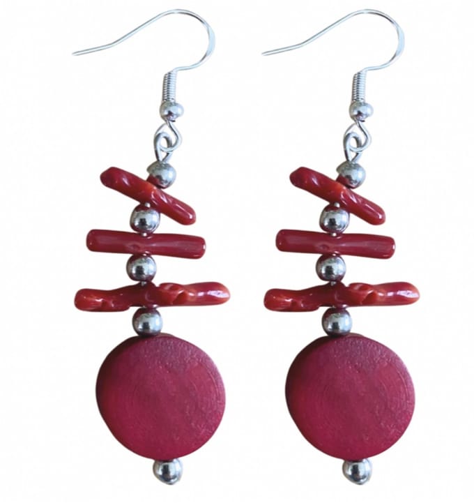 Oorbellen- rood- Zilver hout en steen -Charme Bijoux