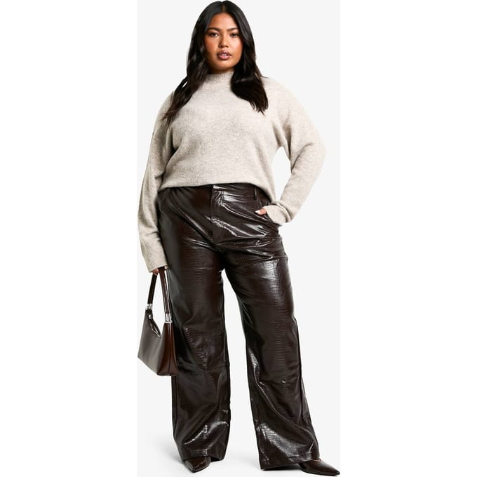 boohoo Dames Plus Croc PU Broek met rechte pijpen | Chocolate | Maat: 20