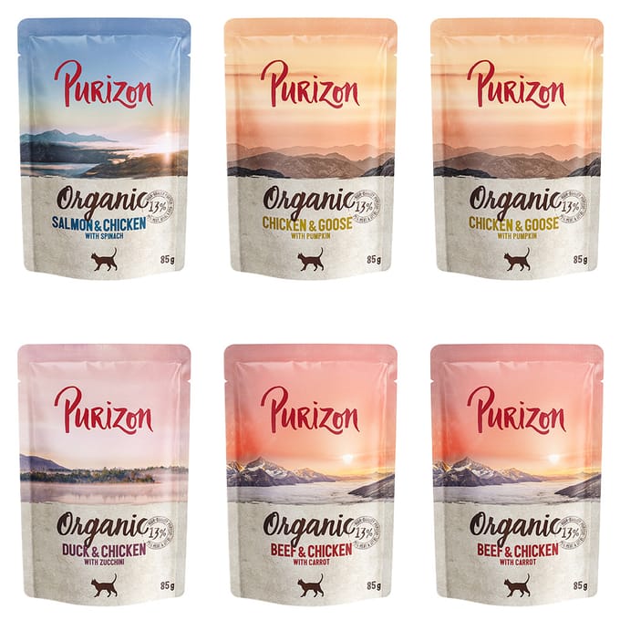 Purizon Organic Bio 6 x 85 g - Mixpakket: (2x Kip, 2x Rund, 1x Zalm, 1x Eend)