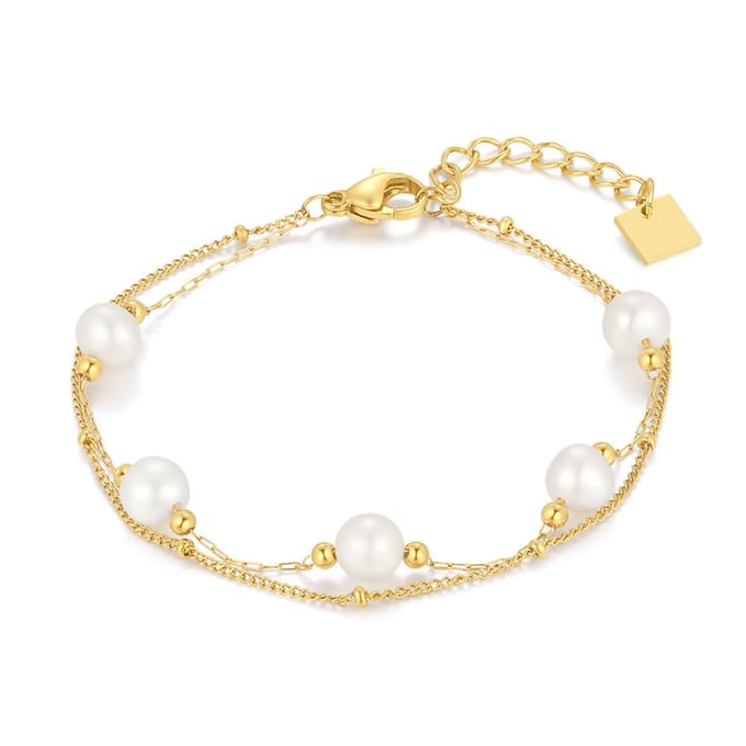 Twice As Nice Armband in goudkleurig edelstaal, 5 parels 16cm+3cm